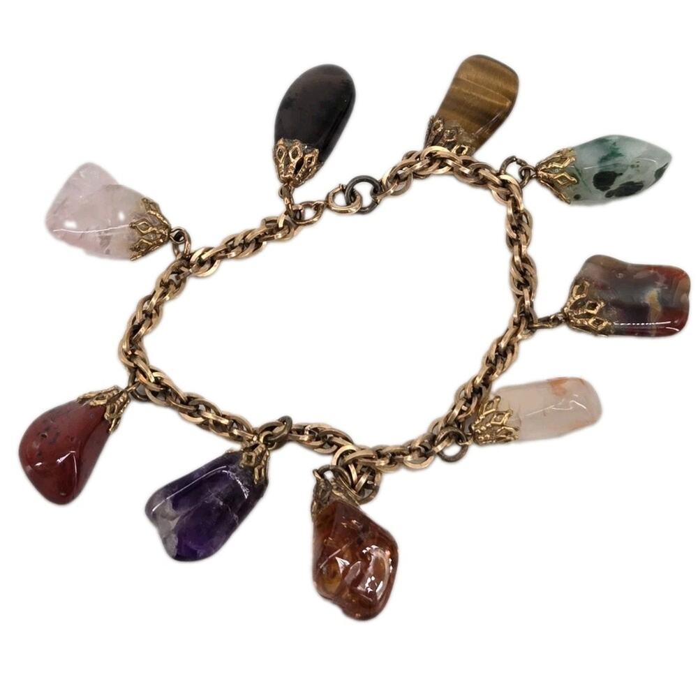 Vtg 1/20 12KT GF Semi Precious Stone Charm Bracelet Double Curb Link Chain